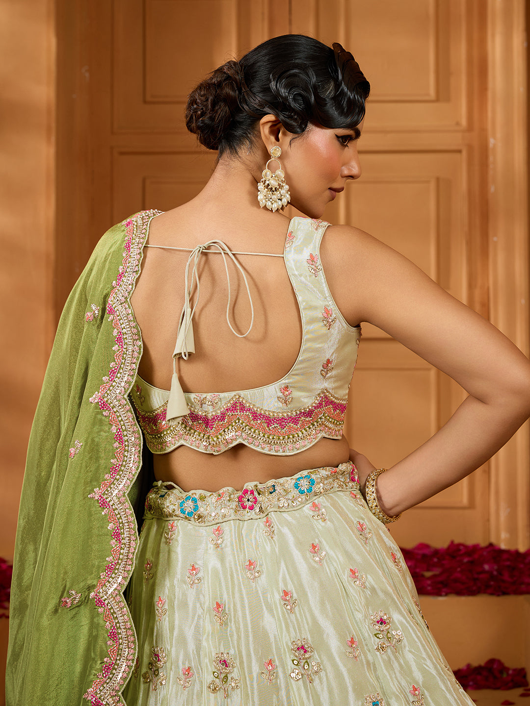 Lime Green Tissue Lehenga Choli with Sequins, Beads & Thread Embroidery – Full-Flared Semi-Stitched Lehenga with Dupatta