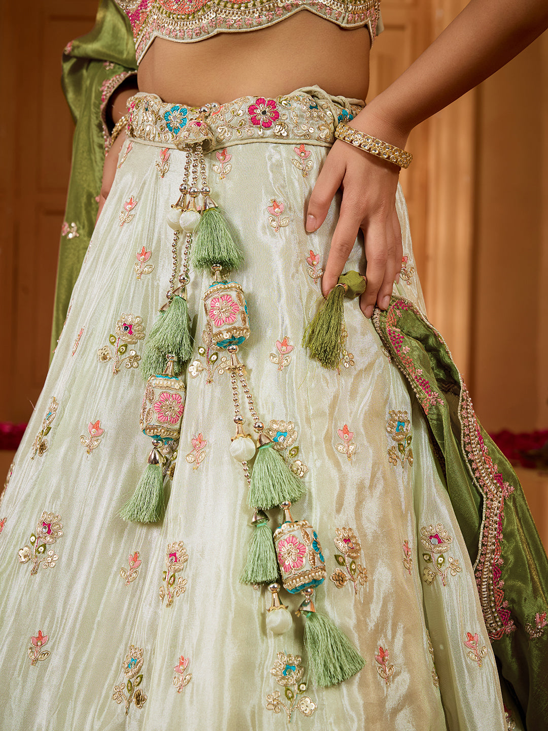 Lime Green Tissue Lehenga Choli with Sequins, Beads & Thread Embroidery – Full-Flared Semi-Stitched Lehenga with Dupatta
