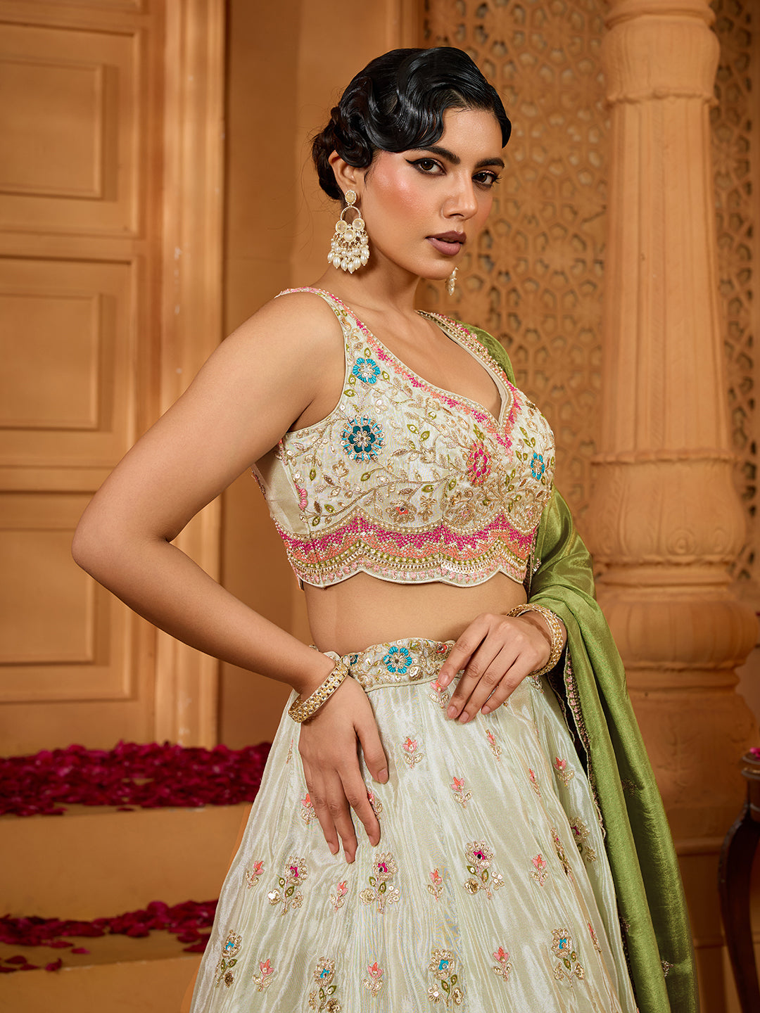 Lime Green Tissue Lehenga Choli with Sequins, Beads & Thread Embroidery – Full-Flared Semi-Stitched Lehenga with Dupatta