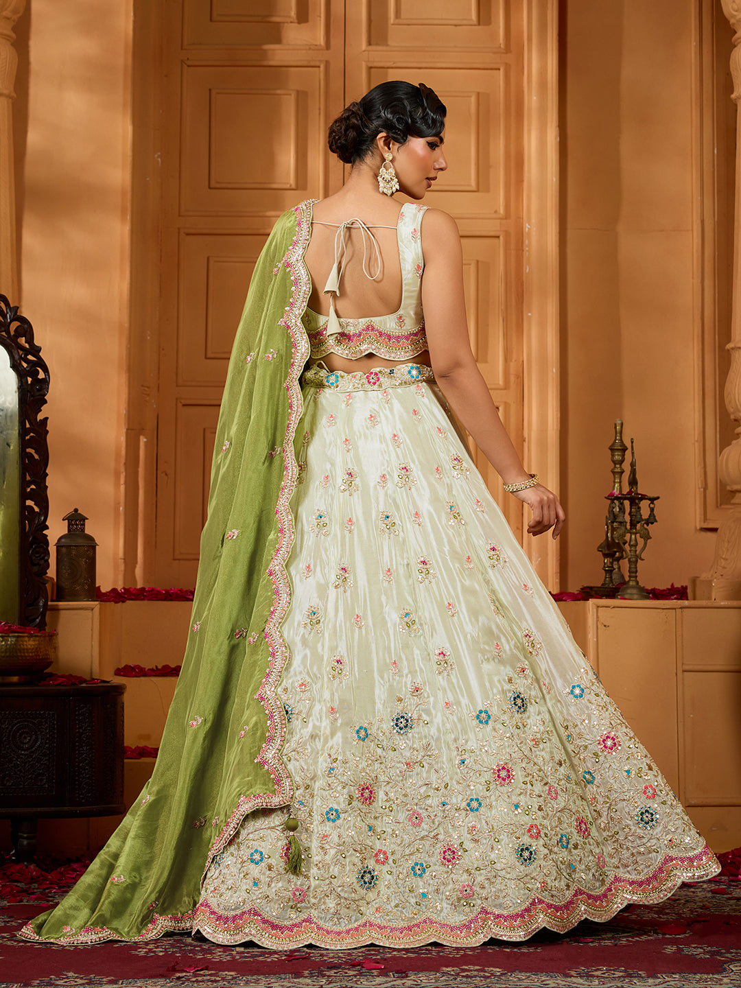Lime Green Tissue Lehenga Choli with Sequins, Beads & Thread Embroidery – Full-Flared Semi-Stitched Lehenga with Dupatta