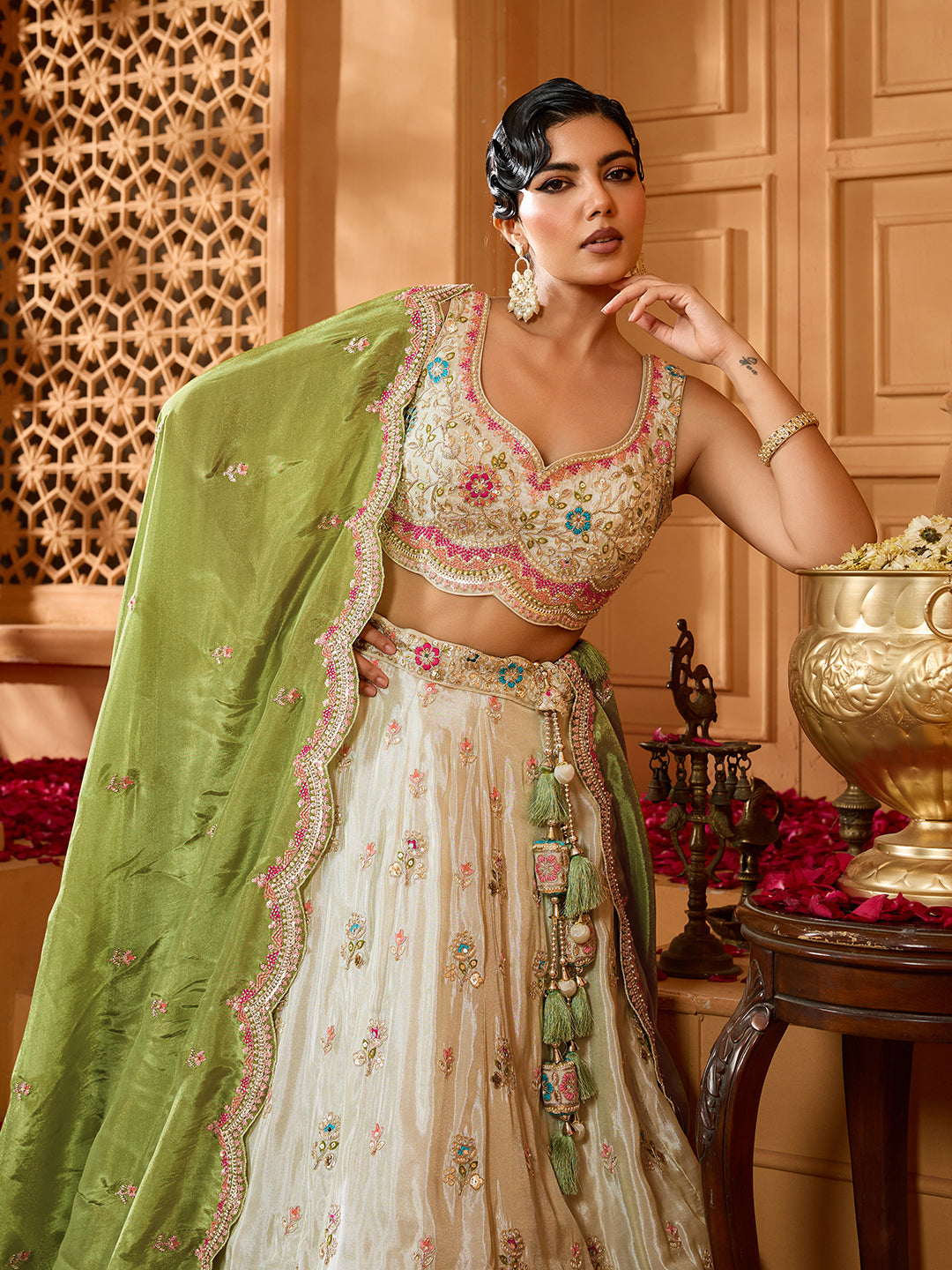 Lime Green Tissue Lehenga Choli with Sequins, Beads & Thread Embroidery – Full-Flared Semi-Stitched Lehenga with Dupatta