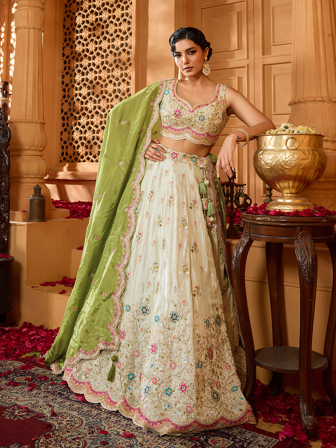 Lime Green Tissue Lehenga Choli with Sequins, Beads & Thread Embroidery – Full-Flared Semi-Stitched Lehenga with Dupatta