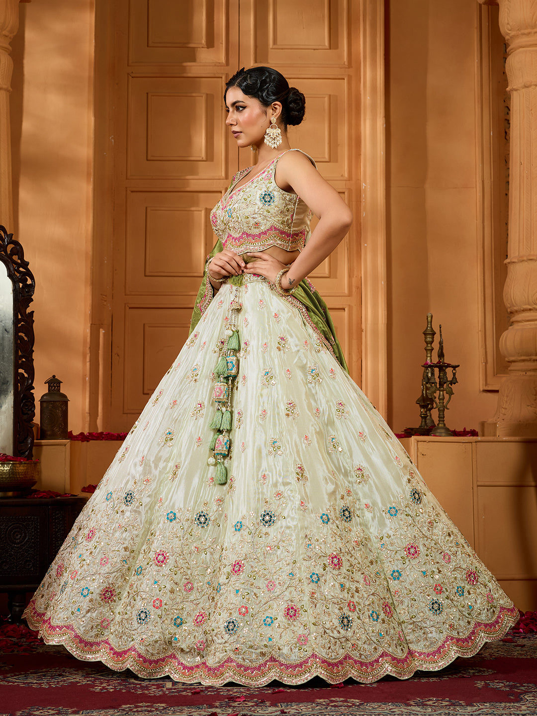 Lime Green Tissue Lehenga Choli with Sequins, Beads & Thread Embroidery – Full-Flared Semi-Stitched Lehenga with Dupatta