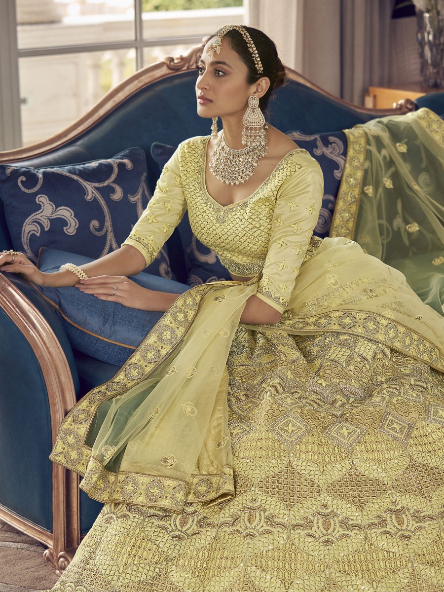 Lime Yellow Crepe Wedding Lehenga Choli