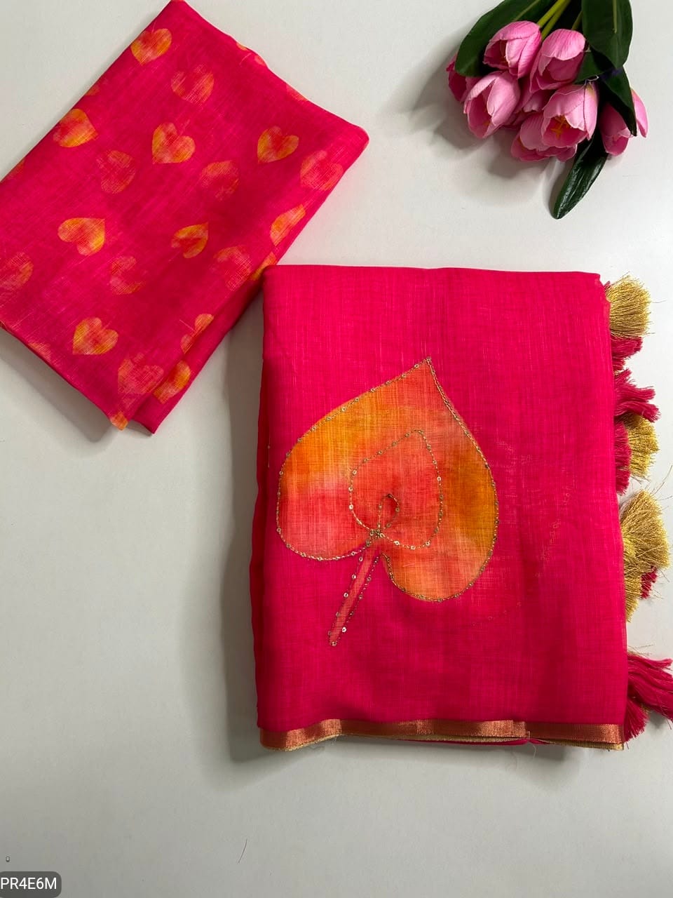 Linen Print Saree with Work & Blouse Piece