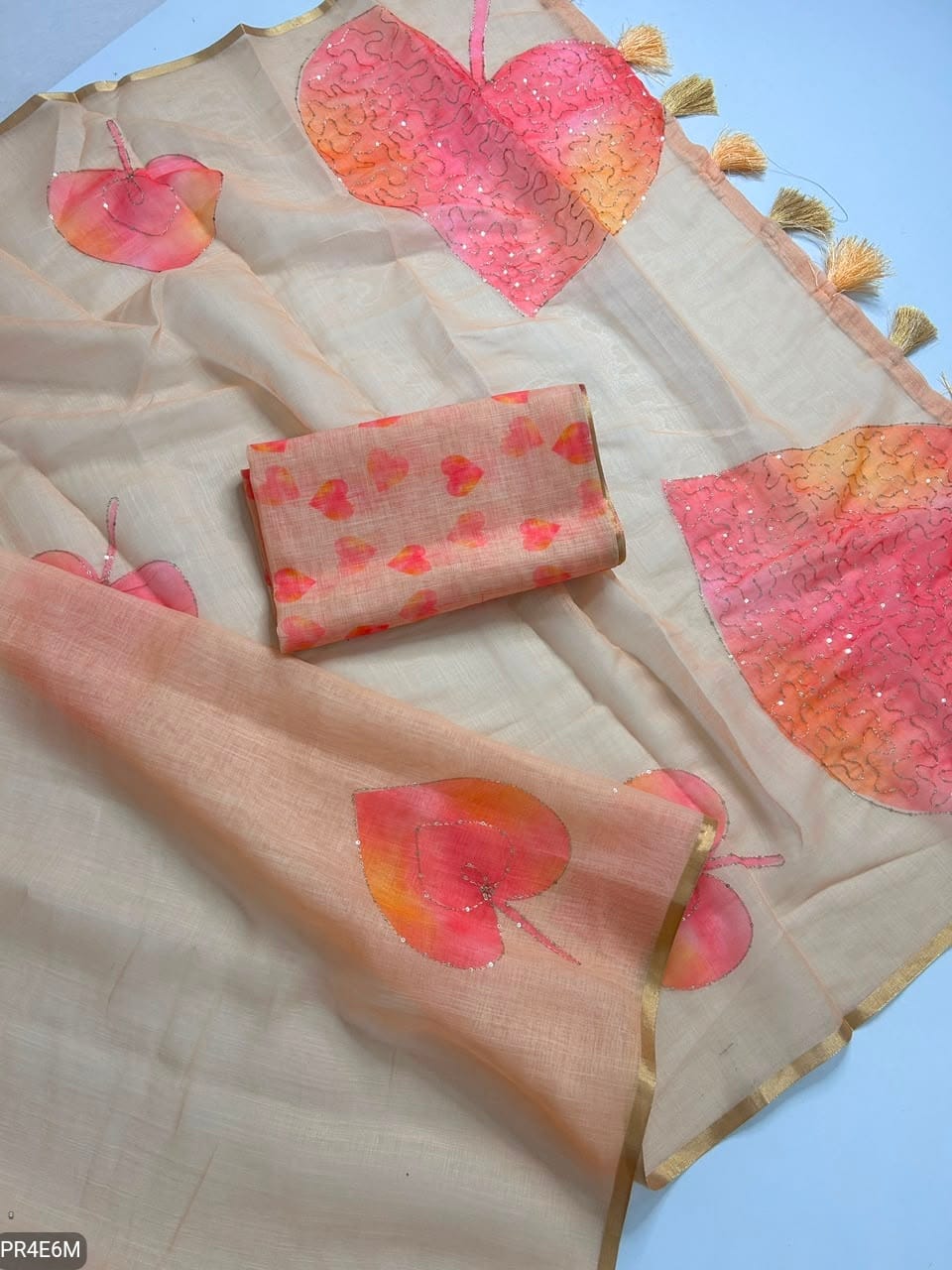 Linen Print Saree with Work & Blouse Piece