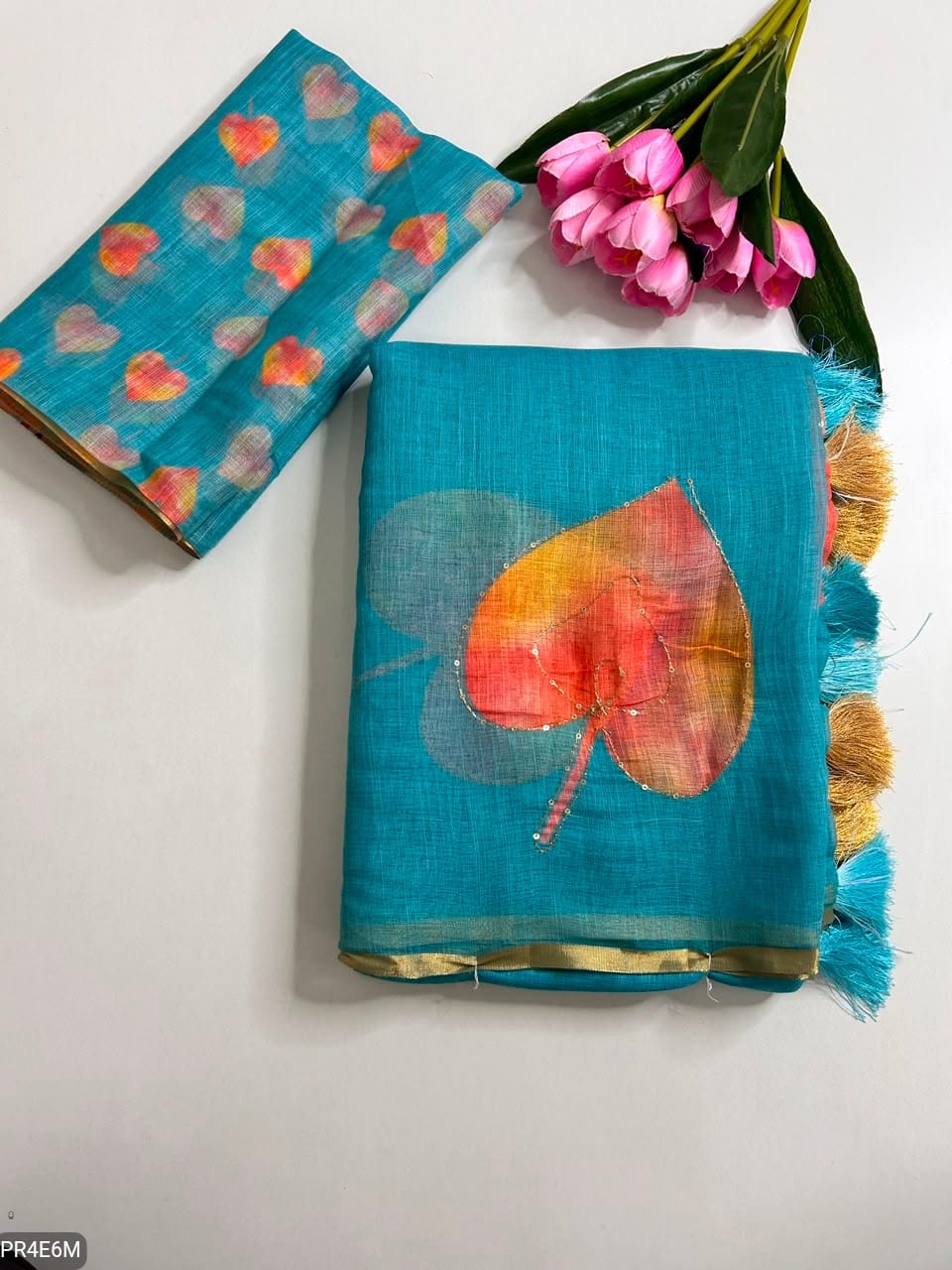 Linen Print Saree with Work & Blouse Piece