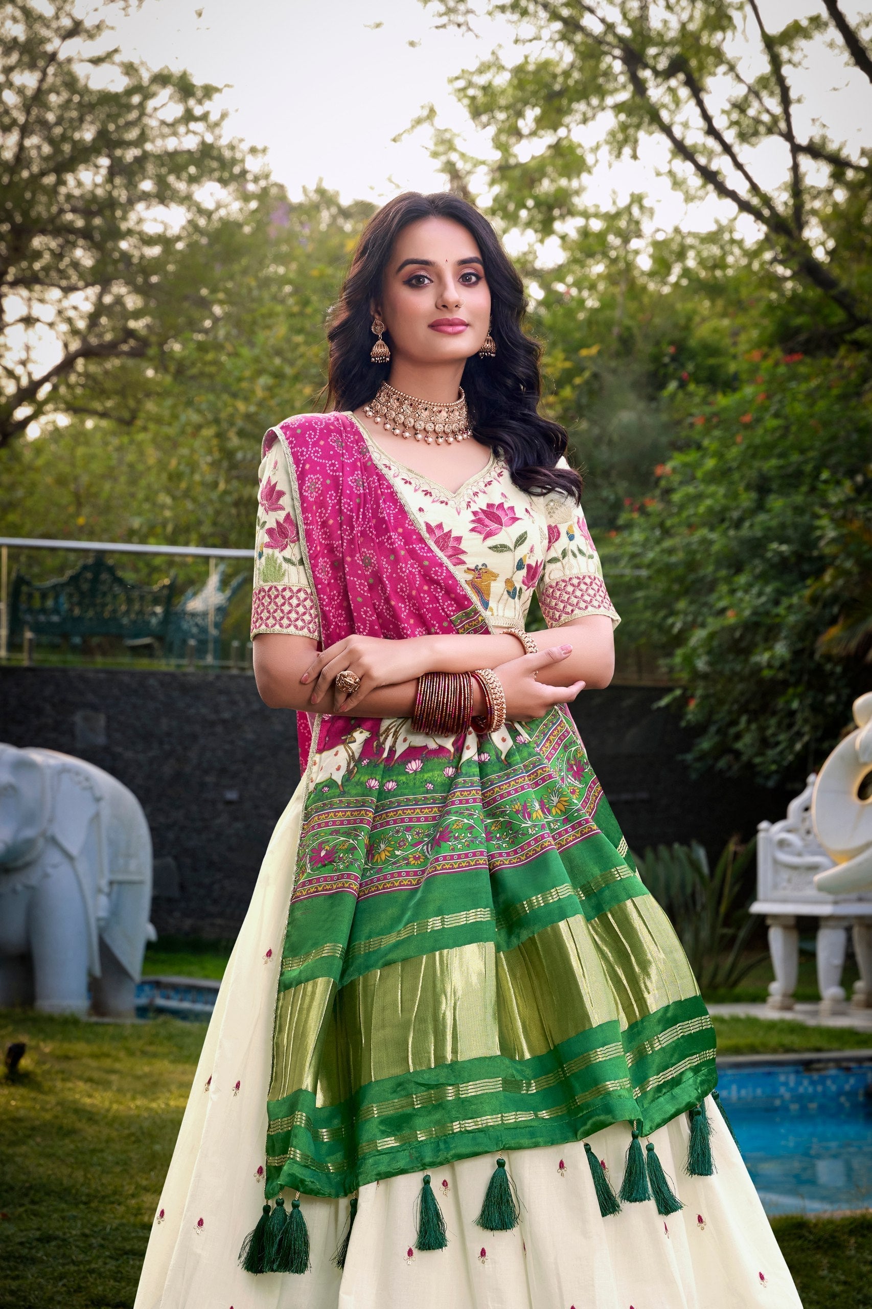 Lotus Traditional Khadi Cotton Embroidered Lehenga Set with Printed Gaji Silk Dupatta & Tassels