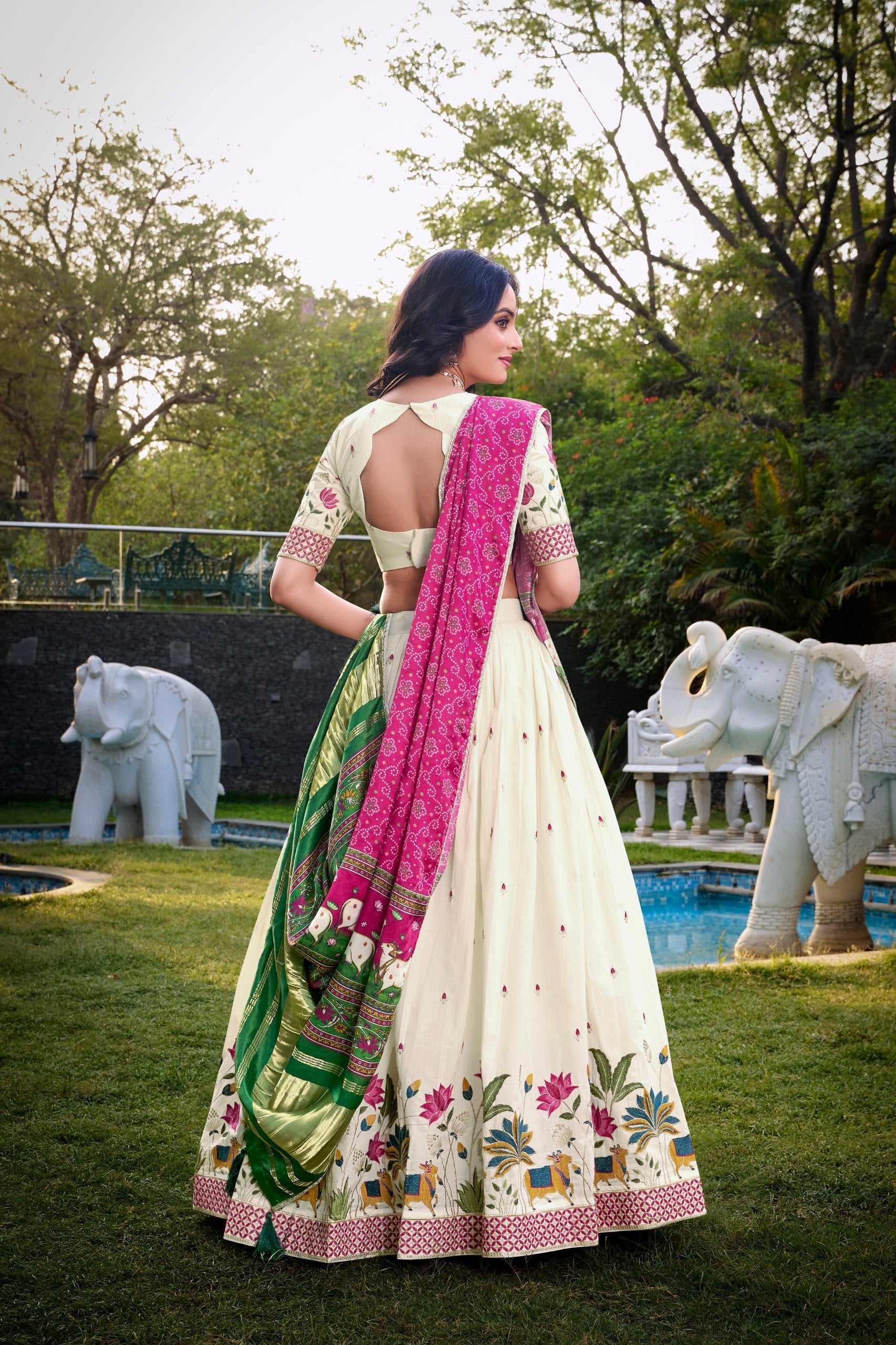 Lotus Traditional Khadi Cotton Embroidered Lehenga Set with Printed Gaji Silk Dupatta & Tassels