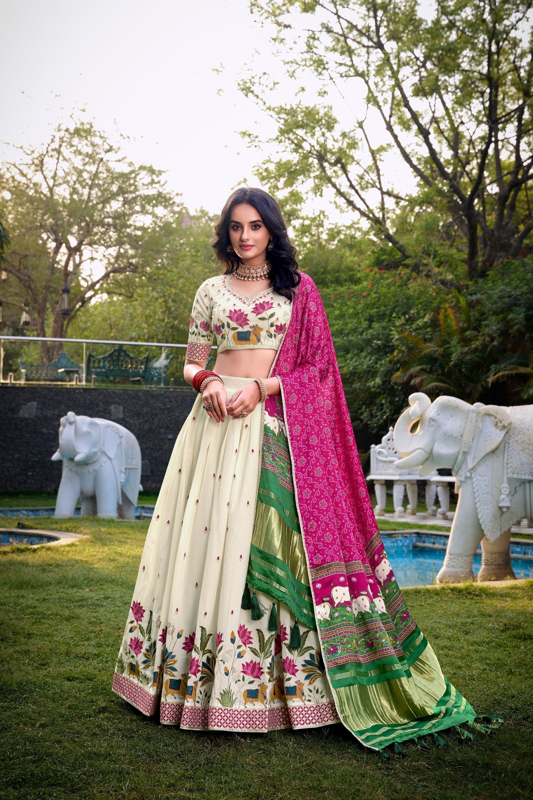 Lotus Traditional Khadi Cotton Embroidered Lehenga Set with Printed Gaji Silk Dupatta & Tassels