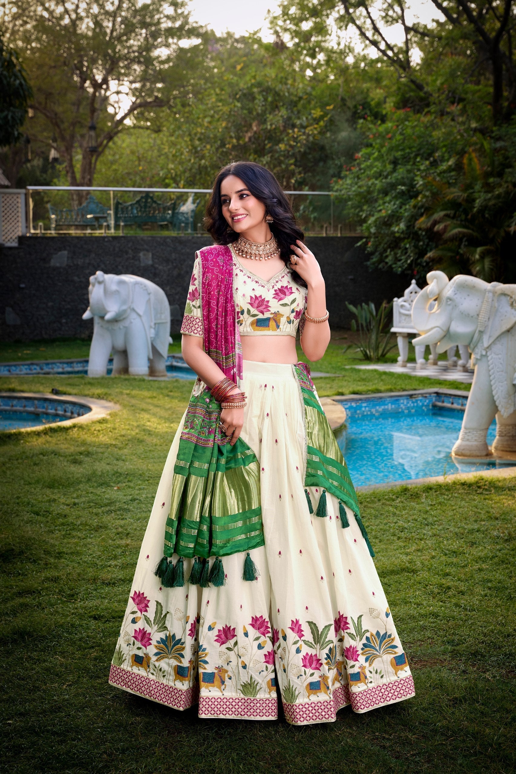 Lotus Traditional Khadi Cotton Embroidered Lehenga Set with Printed Gaji Silk Dupatta & Tassels