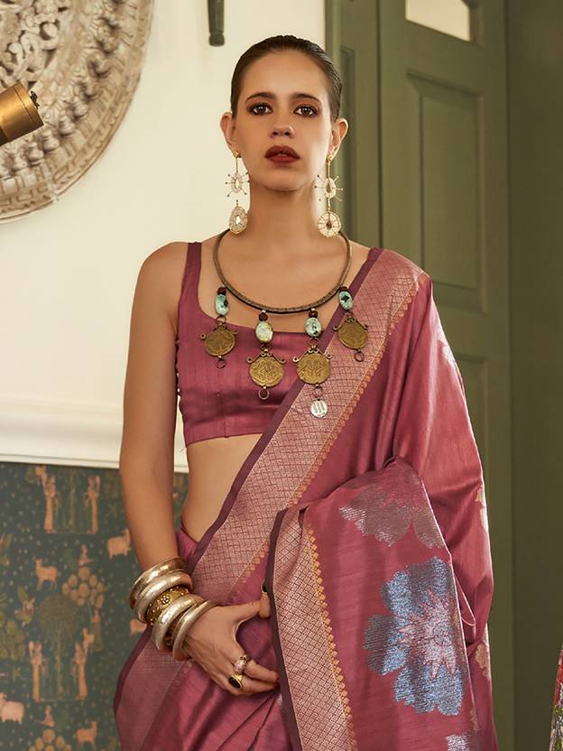 Maroon Banarasi Silk Blend Saree with Unstitched Blouse Piece