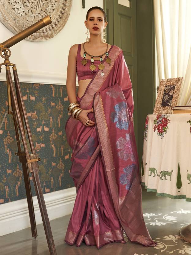 Maroon Banarasi Silk Blend Saree with Unstitched Blouse Piece