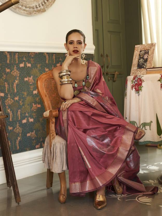 Maroon Banarasi Silk Blend Saree with Unstitched Blouse Piece