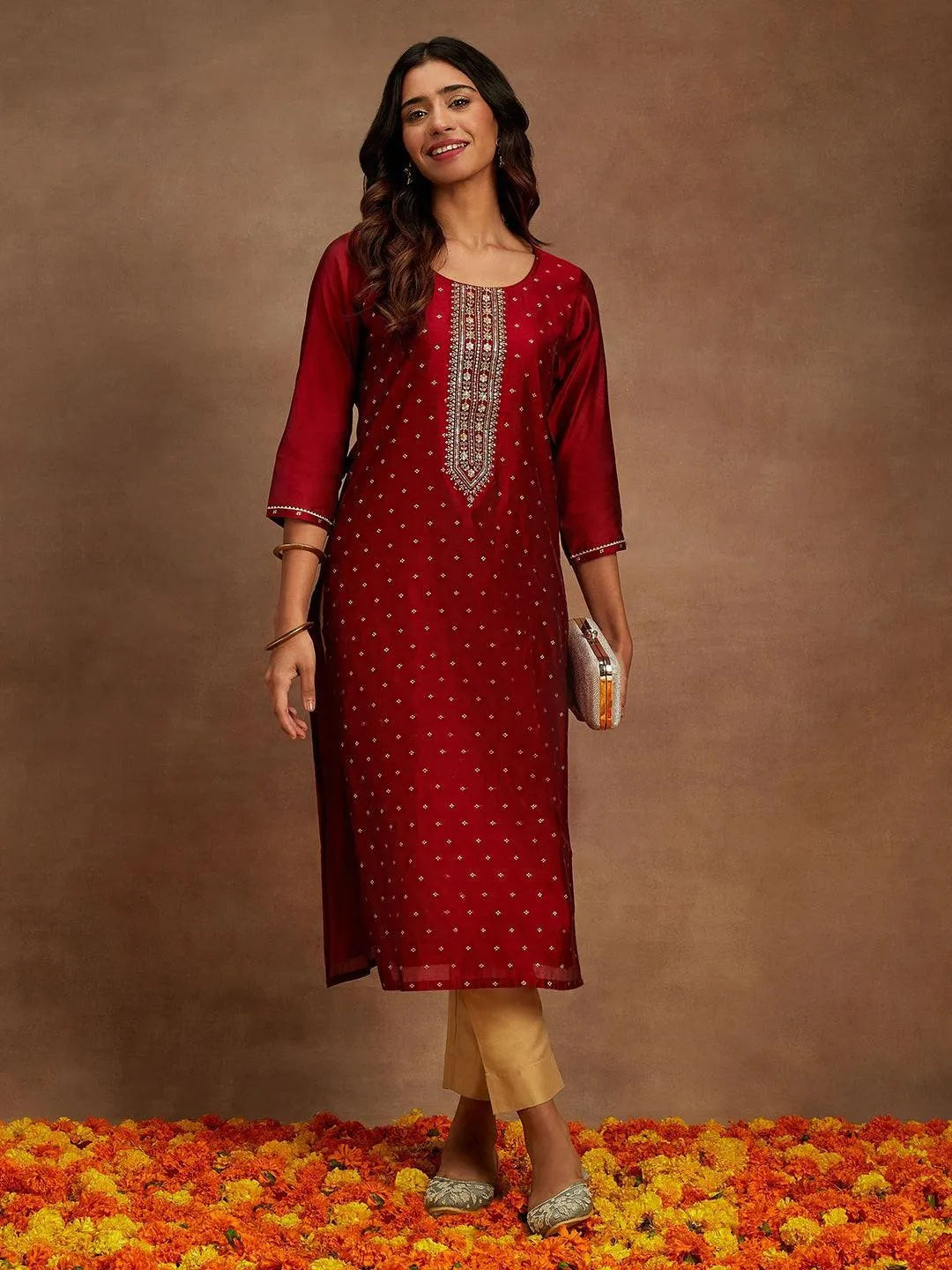 Anouk Maroon Chanderi Silk Woven Design Kurta
