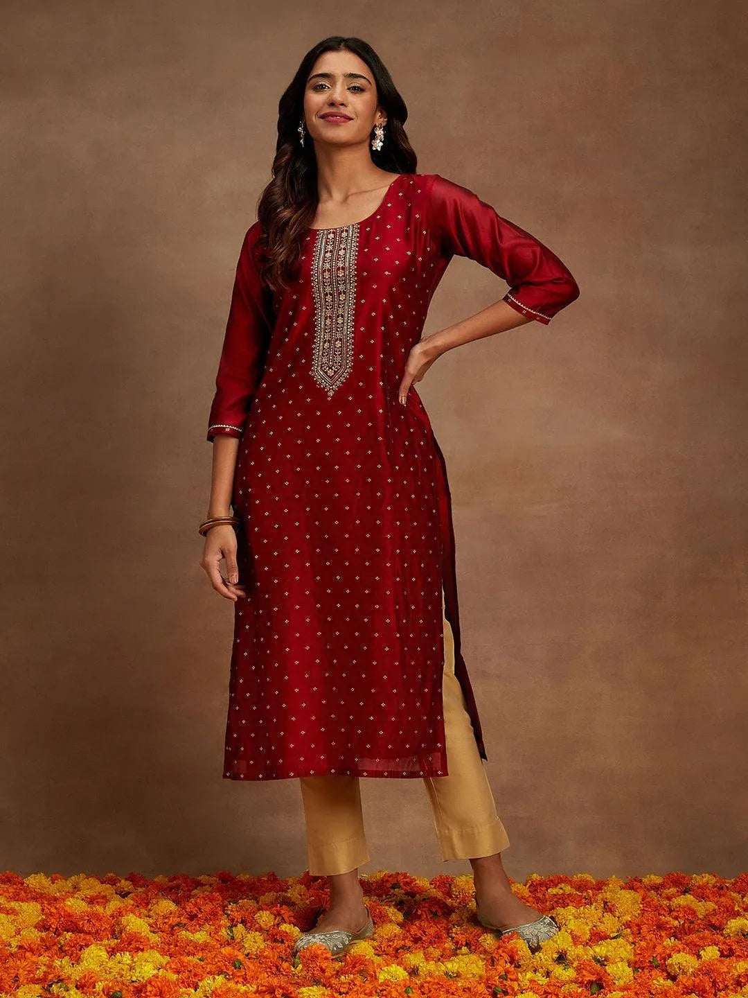 Anouk Maroon Chanderi Silk Woven Design Kurta
