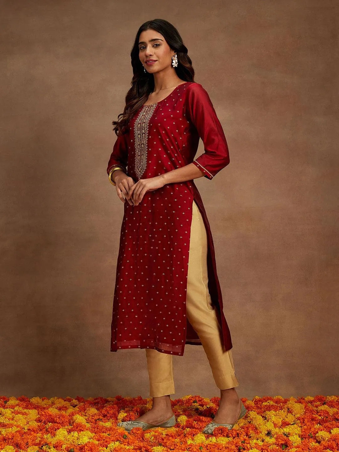 Anouk Maroon Chanderi Silk Woven Design Kurta
