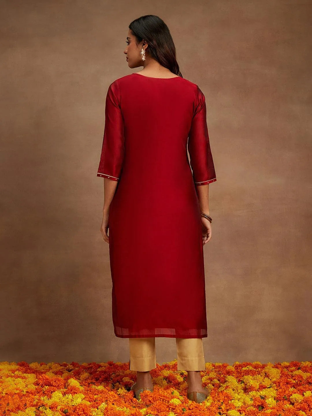 Anouk Maroon Chanderi Silk Woven Design Kurta