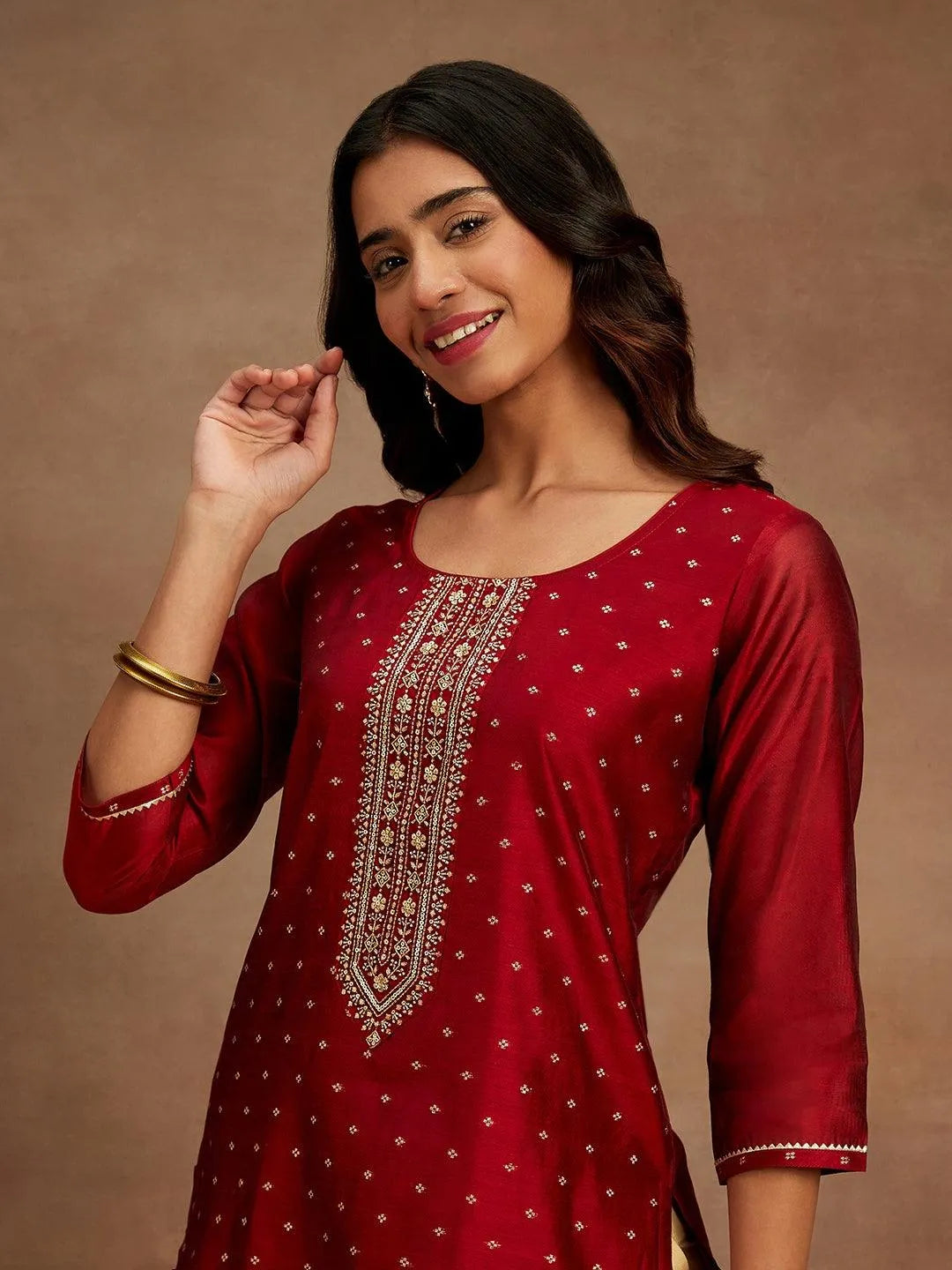 Anouk Maroon Chanderi Silk Woven Design Kurta