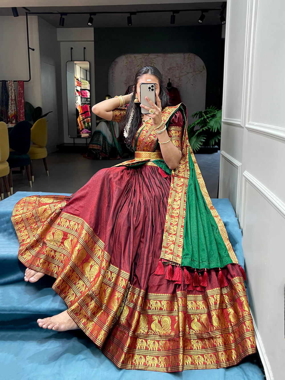 Maroon Color Zari Weaving Work Narayan Pet (Cotton) Pattu Lehenga Choli