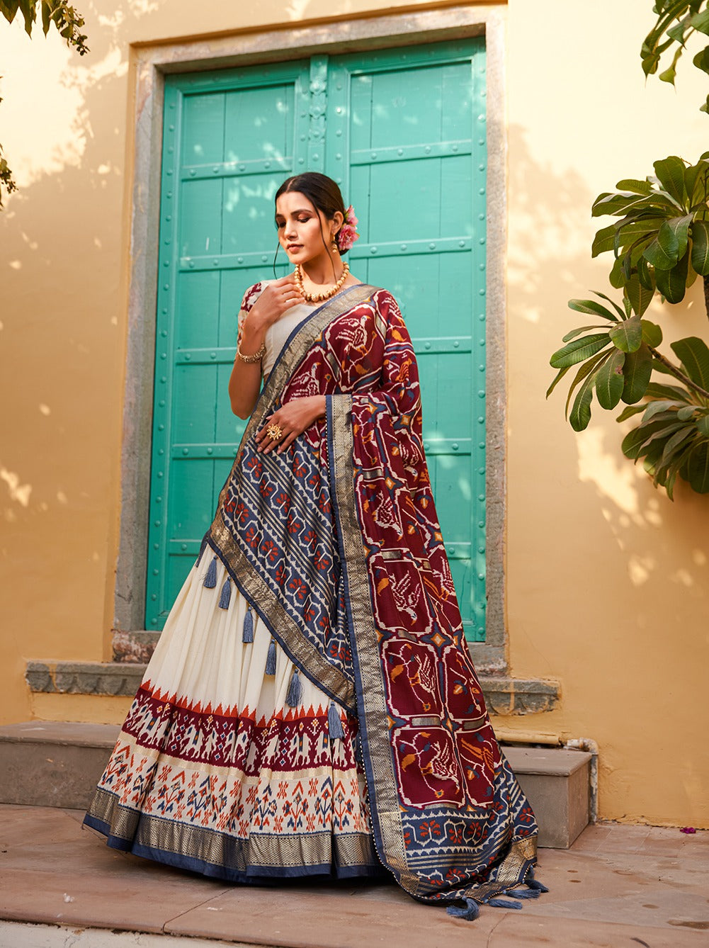 Maroon Color Patola Print Tussar Silk Lehenga Choli Set with Foil Detailing & Can Can