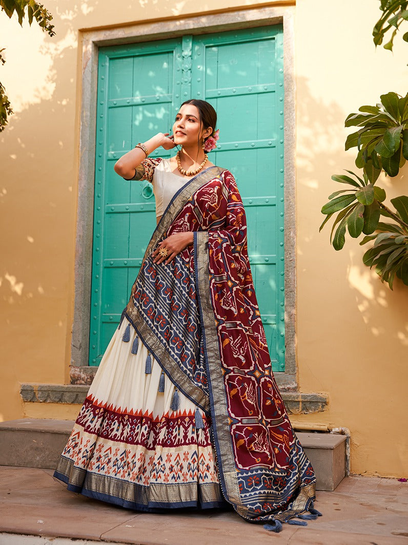 Maroon Color Patola Print Tussar Silk Lehenga Choli Set with Foil Detailing & Can Can