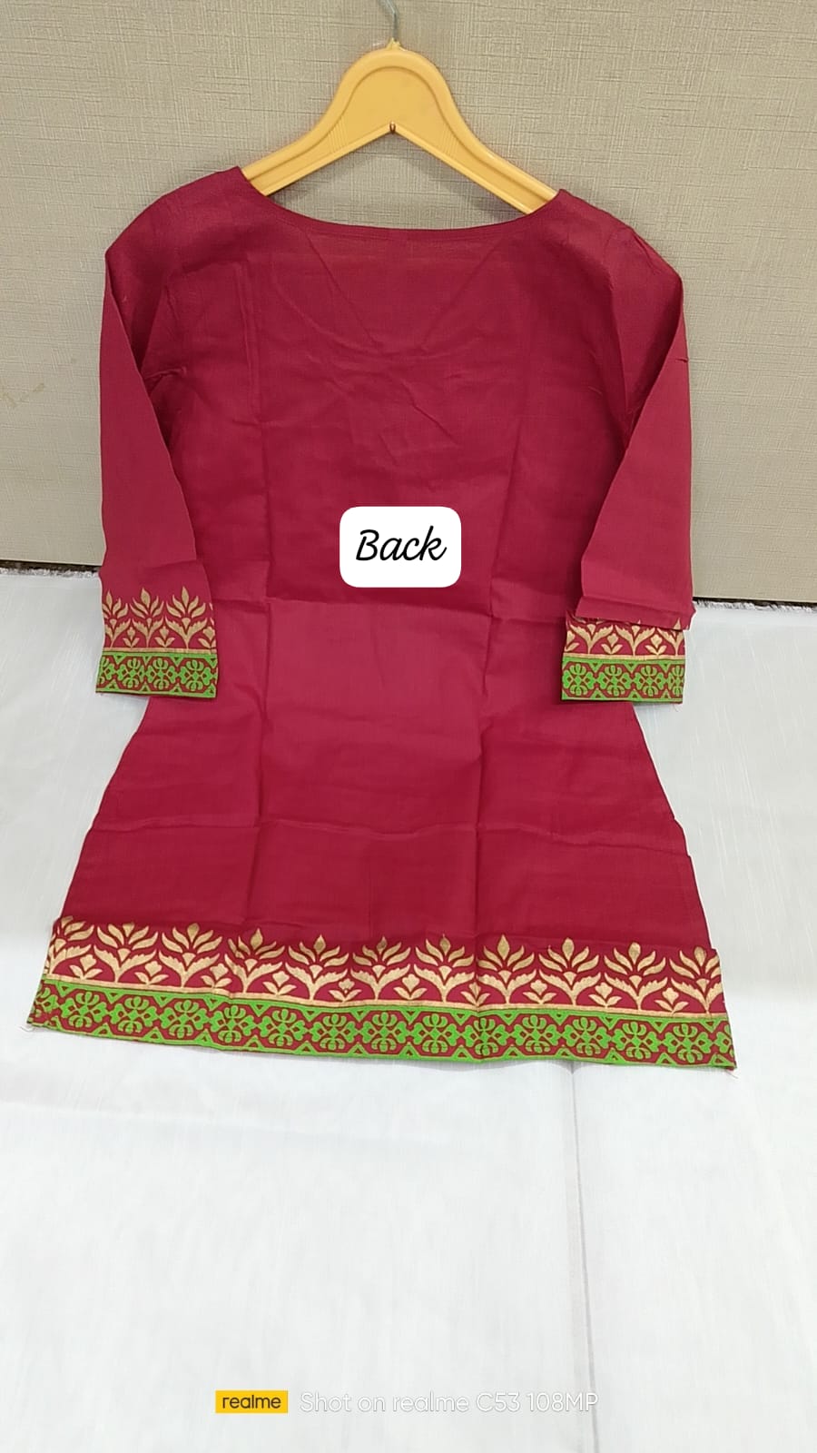 Maroon Cotton Kurti with Printed Neckline, Sleeves & Hem