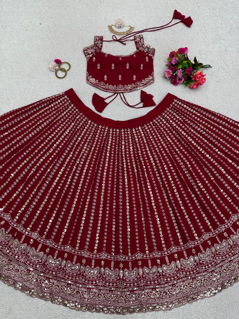 Maroon Designer Faux Georgette Lehenga Choli Set Semi-Stitched Thread & Sequin Work