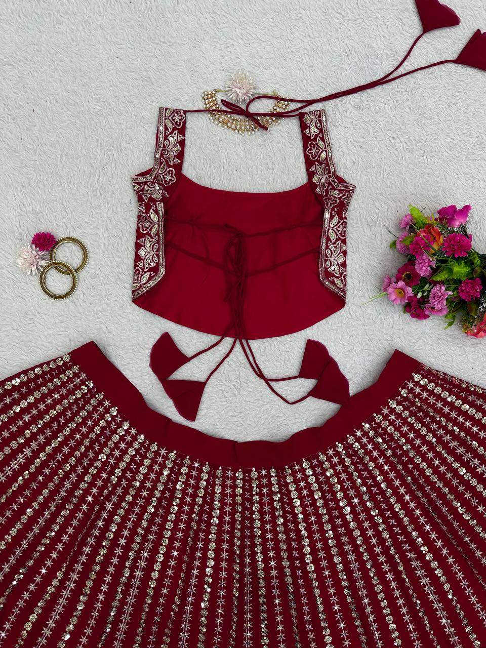 Maroon Designer Faux Georgette Lehenga Choli Set Semi-Stitched Thread & Sequin Work