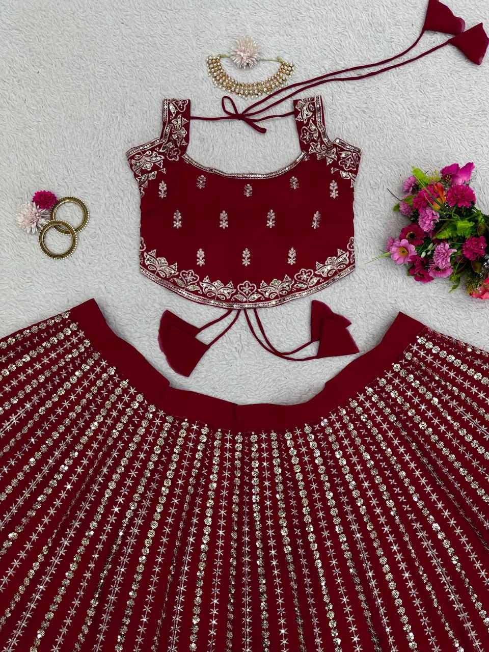 Maroon Designer Faux Georgette Lehenga Choli Set Semi-Stitched Thread & Sequin Work