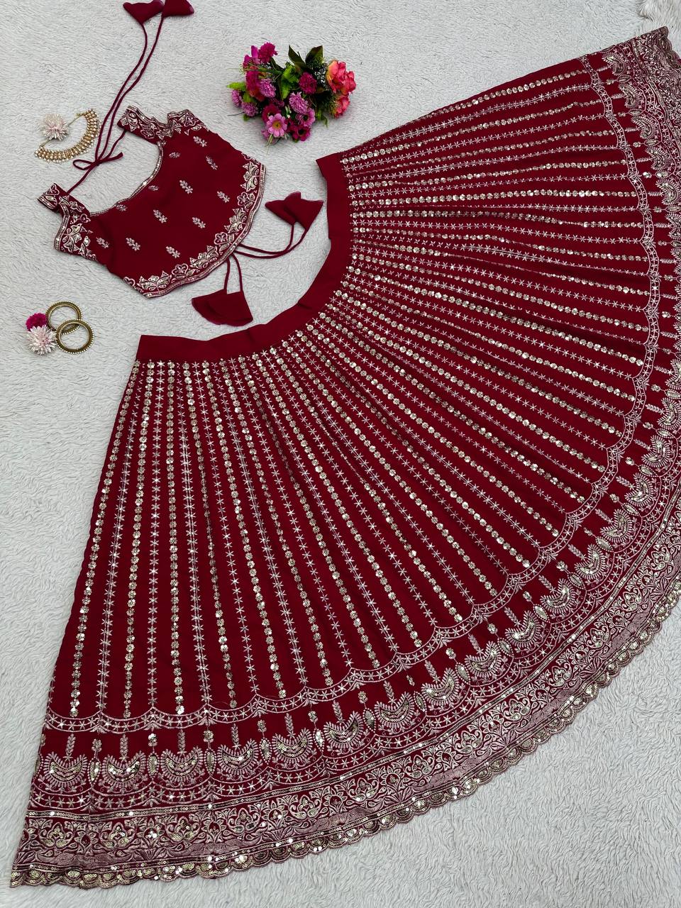 Maroon Designer Faux Georgette Lehenga Choli Set Semi-Stitched Thread & Sequin Work