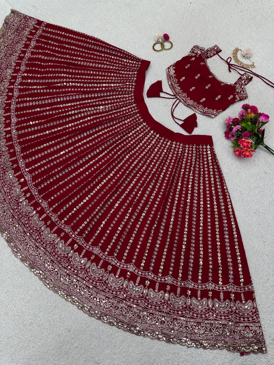 Maroon Designer Faux Georgette Lehenga Choli Set Semi-Stitched Thread & Sequin Work
