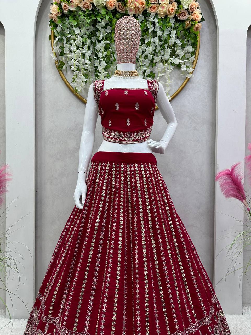 Maroon Designer Faux Georgette Lehenga Choli Set Semi-Stitched Thread & Sequin Work