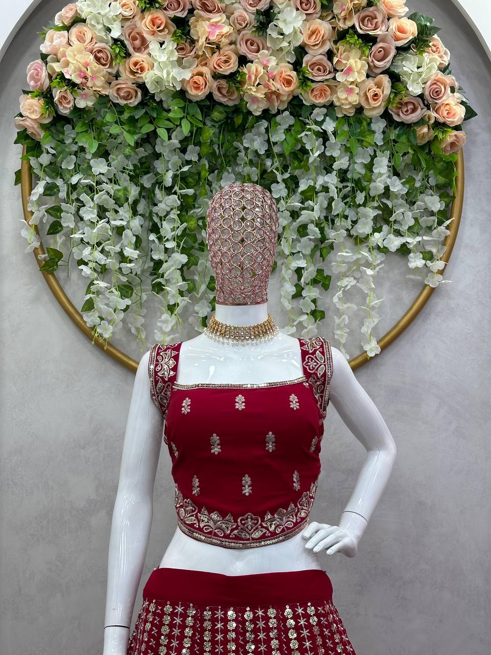 Maroon Designer Faux Georgette Lehenga Choli Set Semi-Stitched Thread & Sequin Work