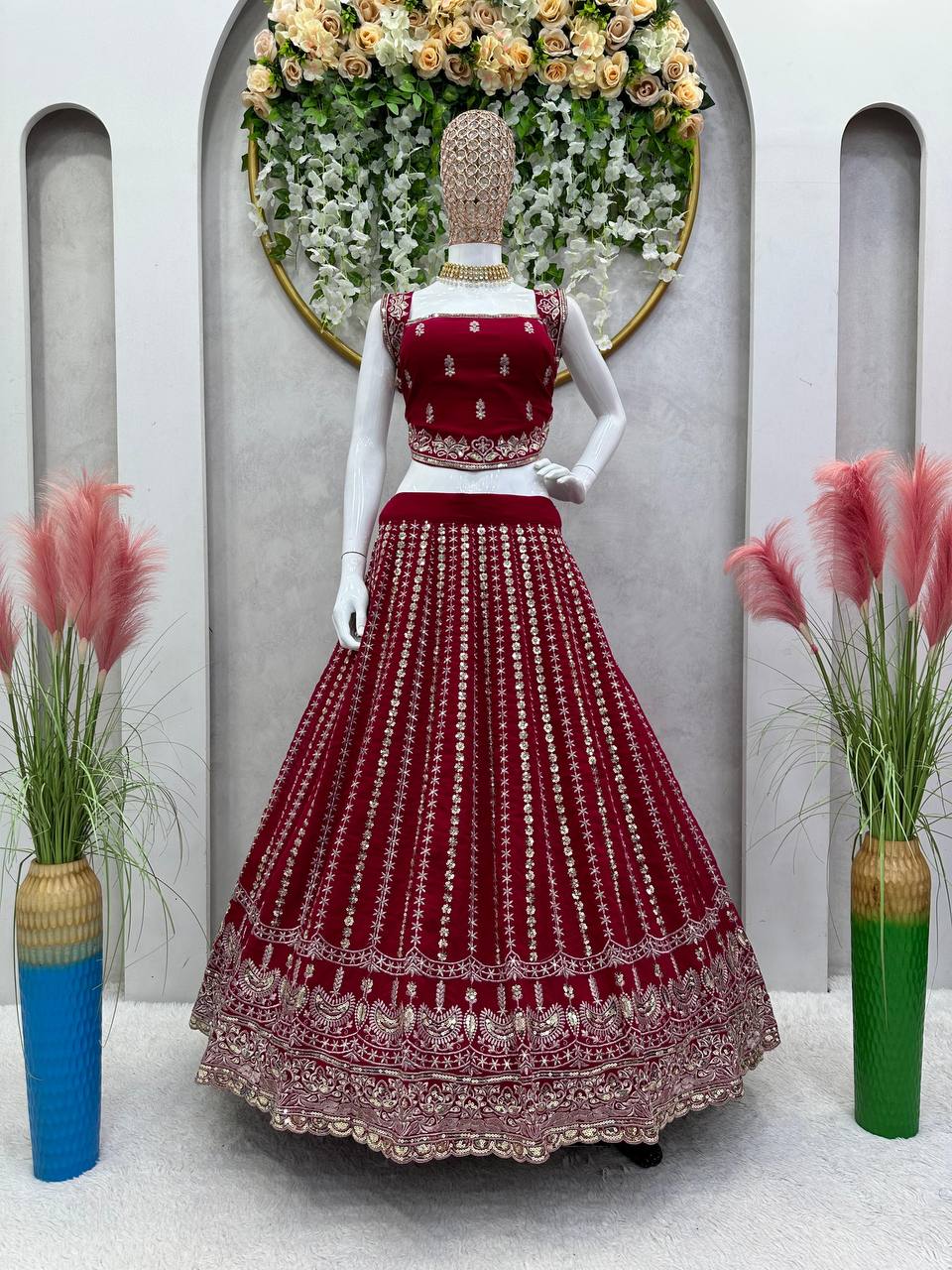 Maroon Designer Faux Georgette Lehenga Choli Set Semi-Stitched Thread & Sequin Work