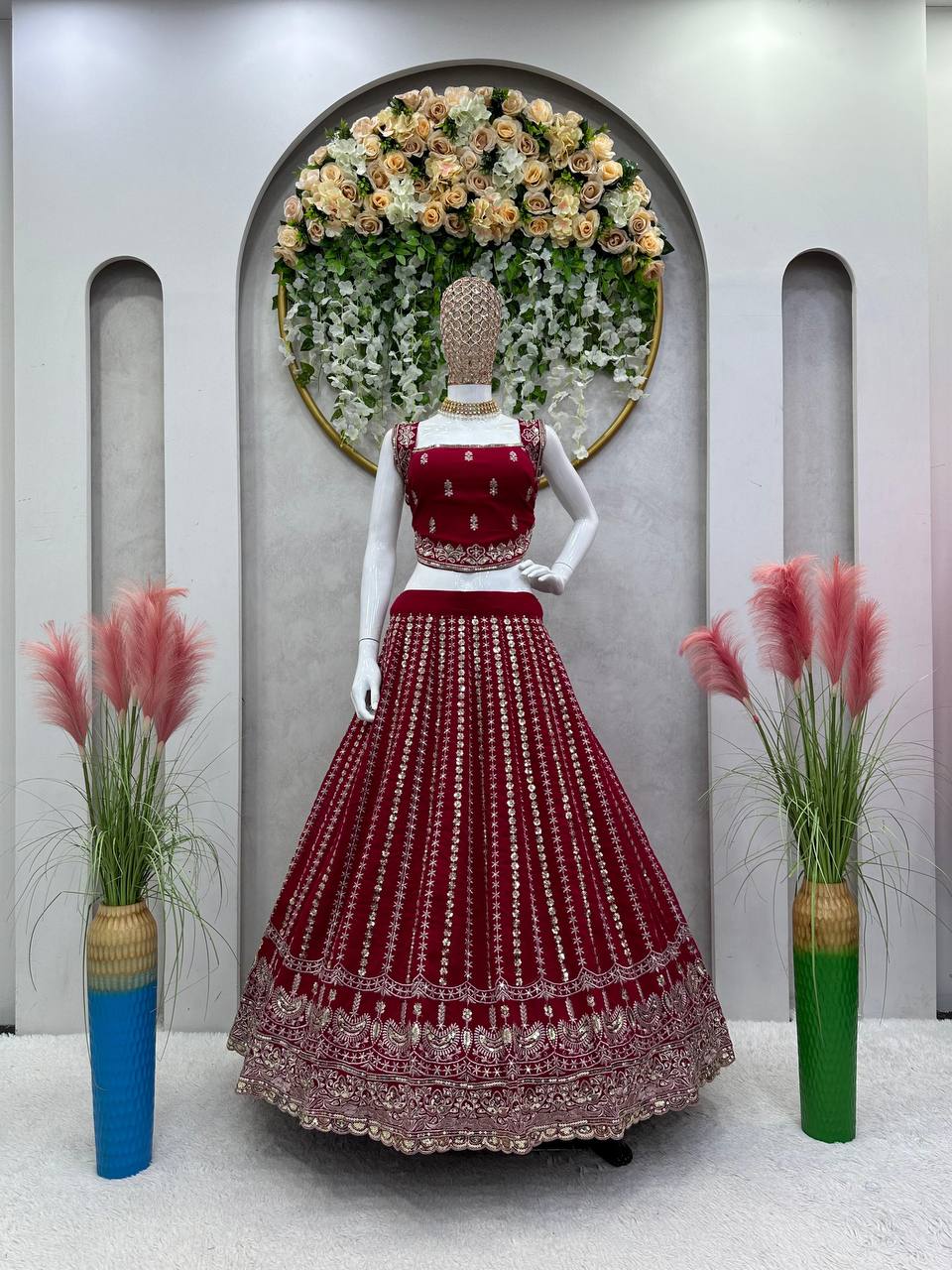 Maroon Designer Faux Georgette Lehenga Choli Set Semi-Stitched Thread & Sequin Work