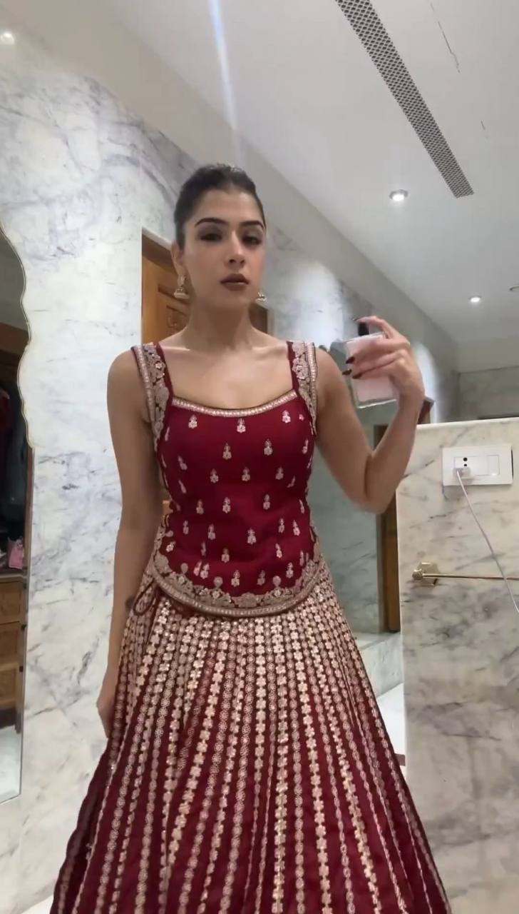 Maroon Designer Faux Georgette Lehenga Choli Set Semi-Stitched Thread & Sequin Work