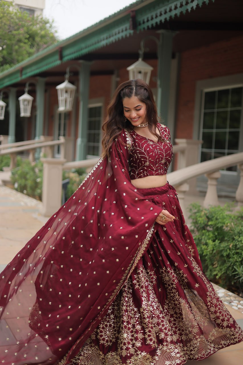 Maroon Designer Lehenga Choli with Dupatta – Rangoli Silk, Sequins, and Thread Embroidery