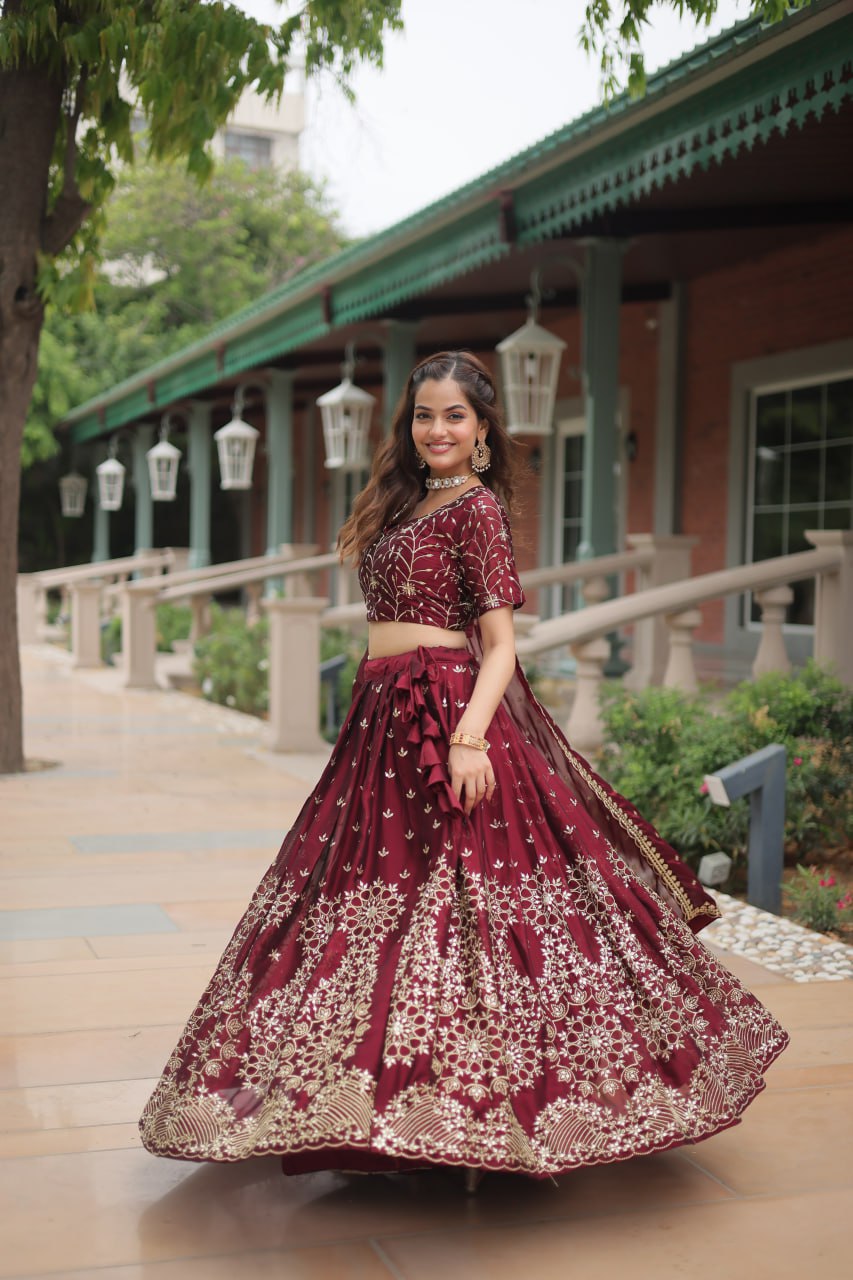 Maroon Designer Lehenga Choli with Dupatta – Rangoli Silk, Sequins, and Thread Embroidery