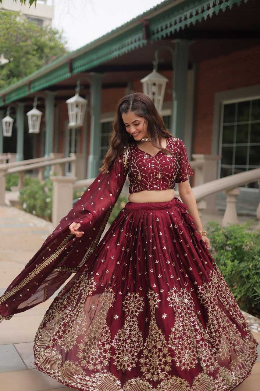 Maroon Designer Lehenga Choli with Dupatta – Rangoli Silk, Sequins, and Thread Embroidery