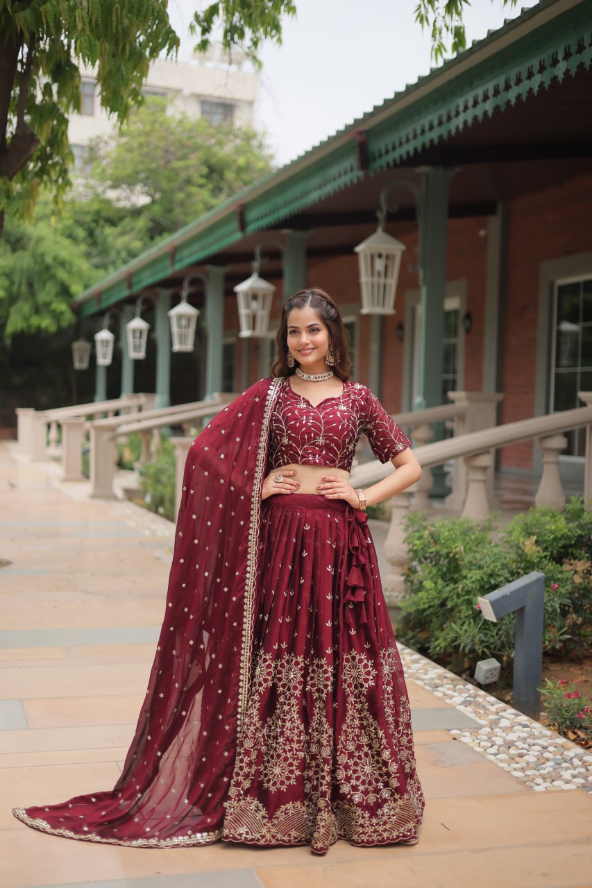 Maroon Designer Lehenga Choli with Dupatta – Rangoli Silk, Sequins, and Thread Embroidery