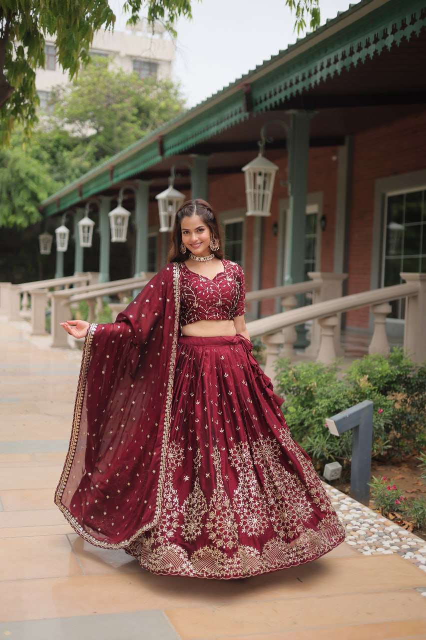 Maroon Designer Lehenga Choli with Dupatta – Rangoli Silk, Sequins, and Thread Embroidery