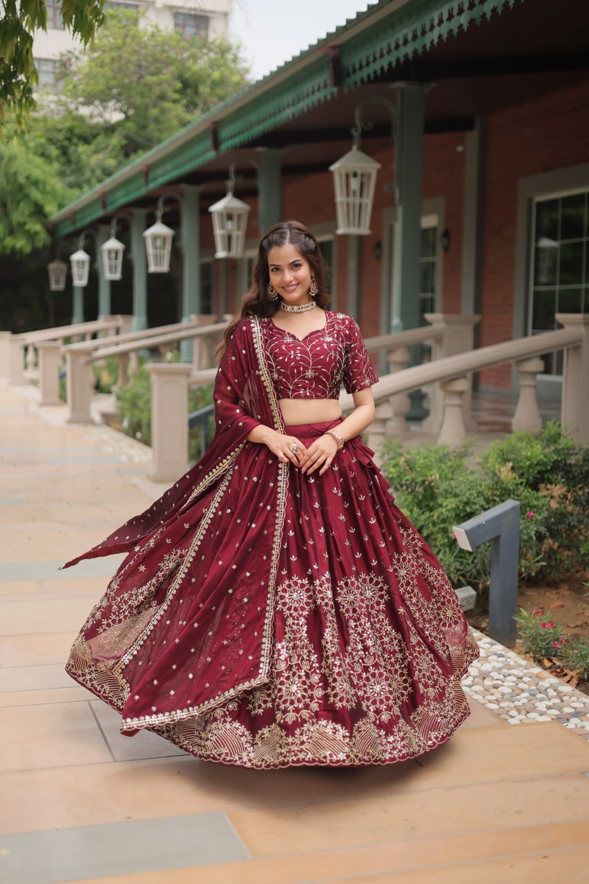 Maroon Designer Lehenga Choli with Dupatta – Rangoli Silk, Sequins, and Thread Embroidery