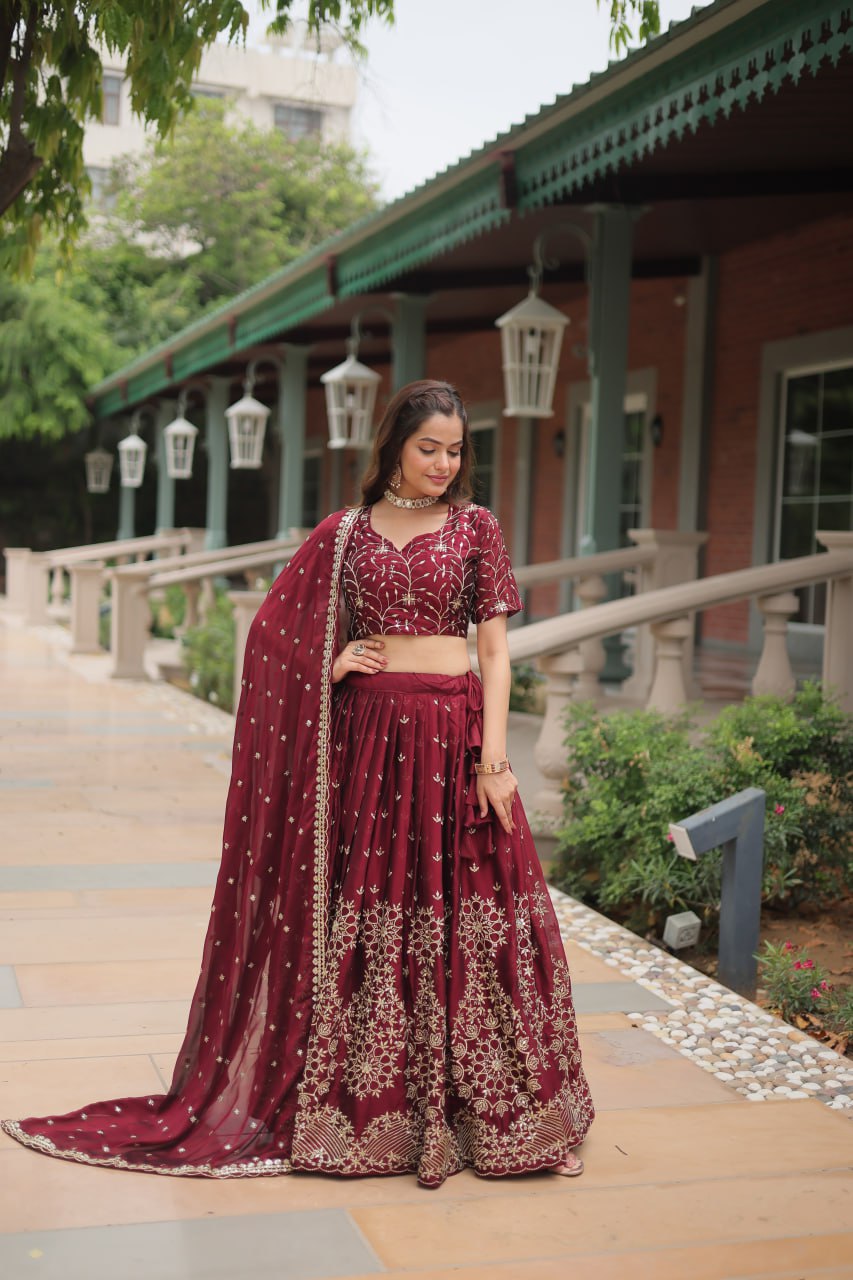 Maroon Designer Lehenga Choli with Dupatta – Rangoli Silk, Sequins, and Thread Embroidery