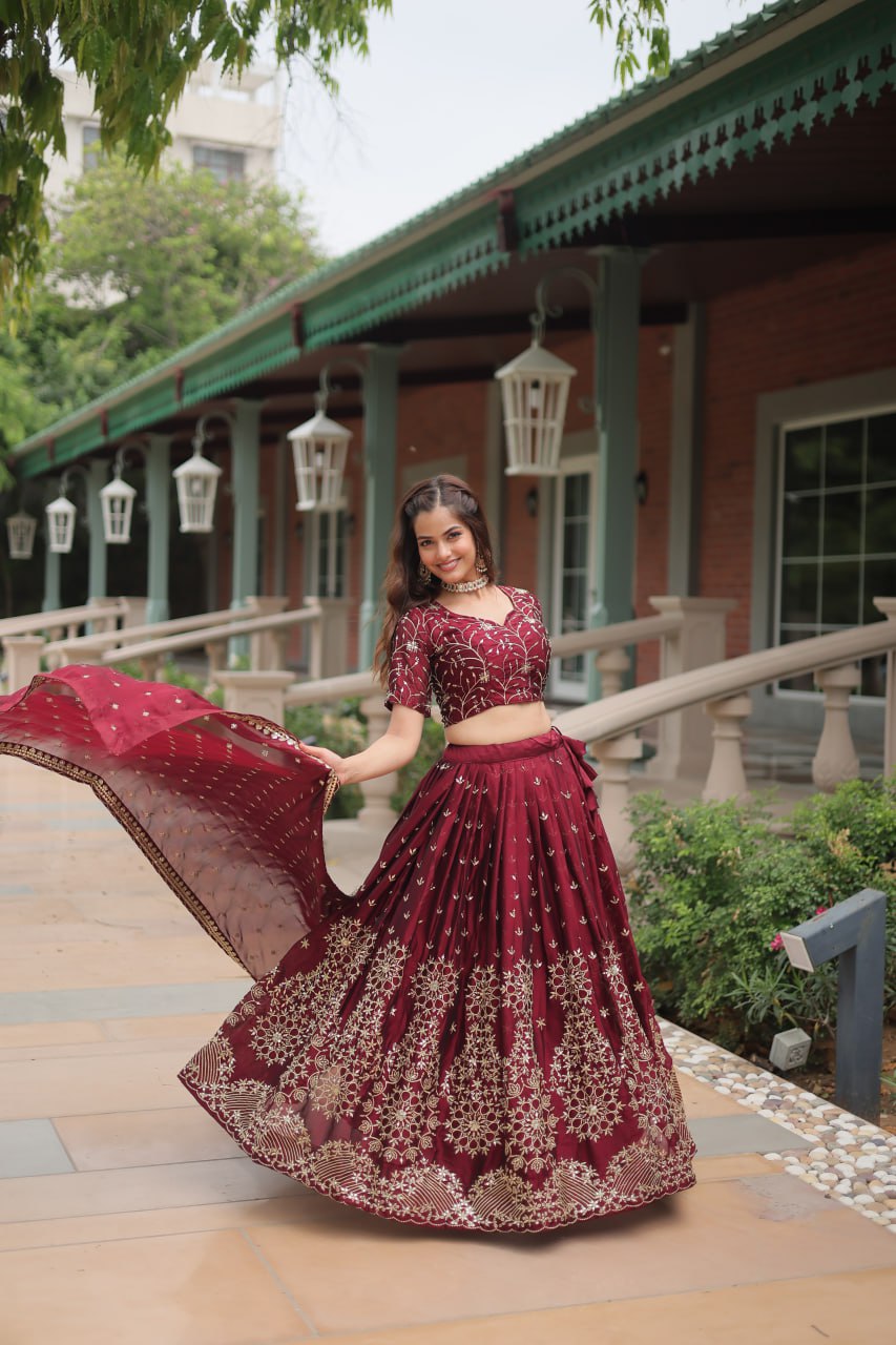 Maroon Designer Lehenga Choli with Dupatta – Rangoli Silk, Sequins, and Thread Embroidery