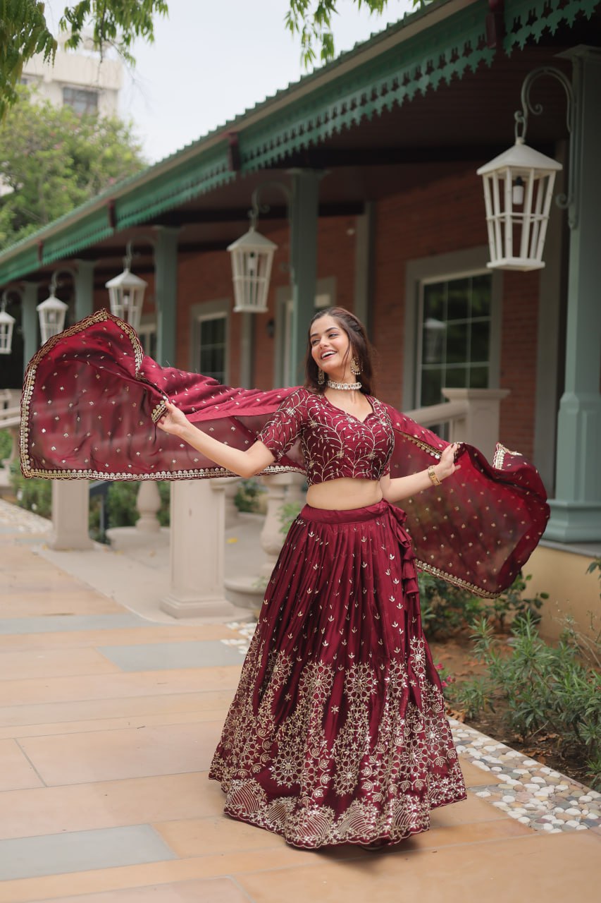 Maroon Designer Lehenga Choli with Dupatta – Rangoli Silk, Sequins, and Thread Embroidery