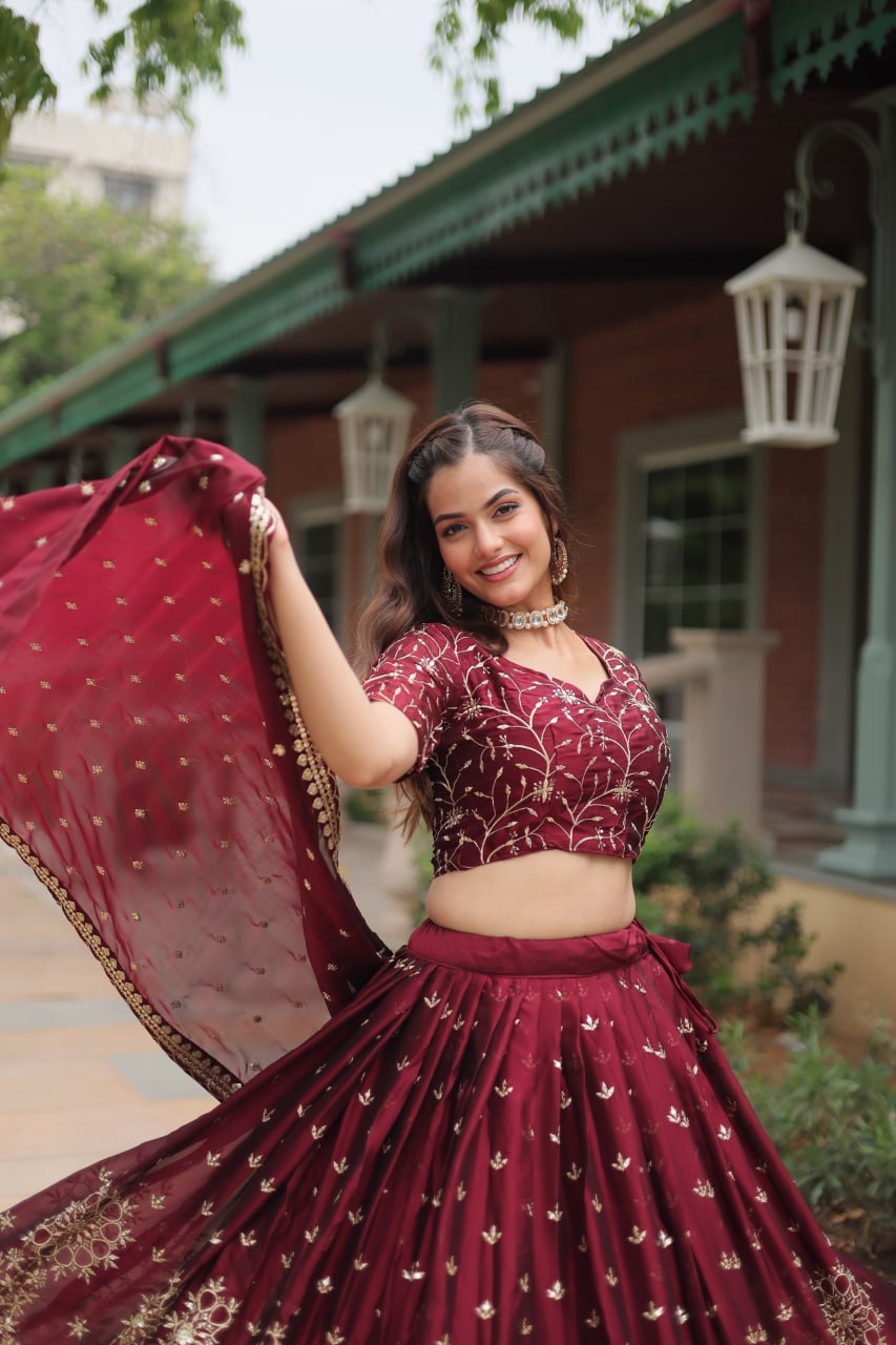 Maroon Designer Lehenga Choli with Dupatta – Rangoli Silk, Sequins, and Thread Embroidery