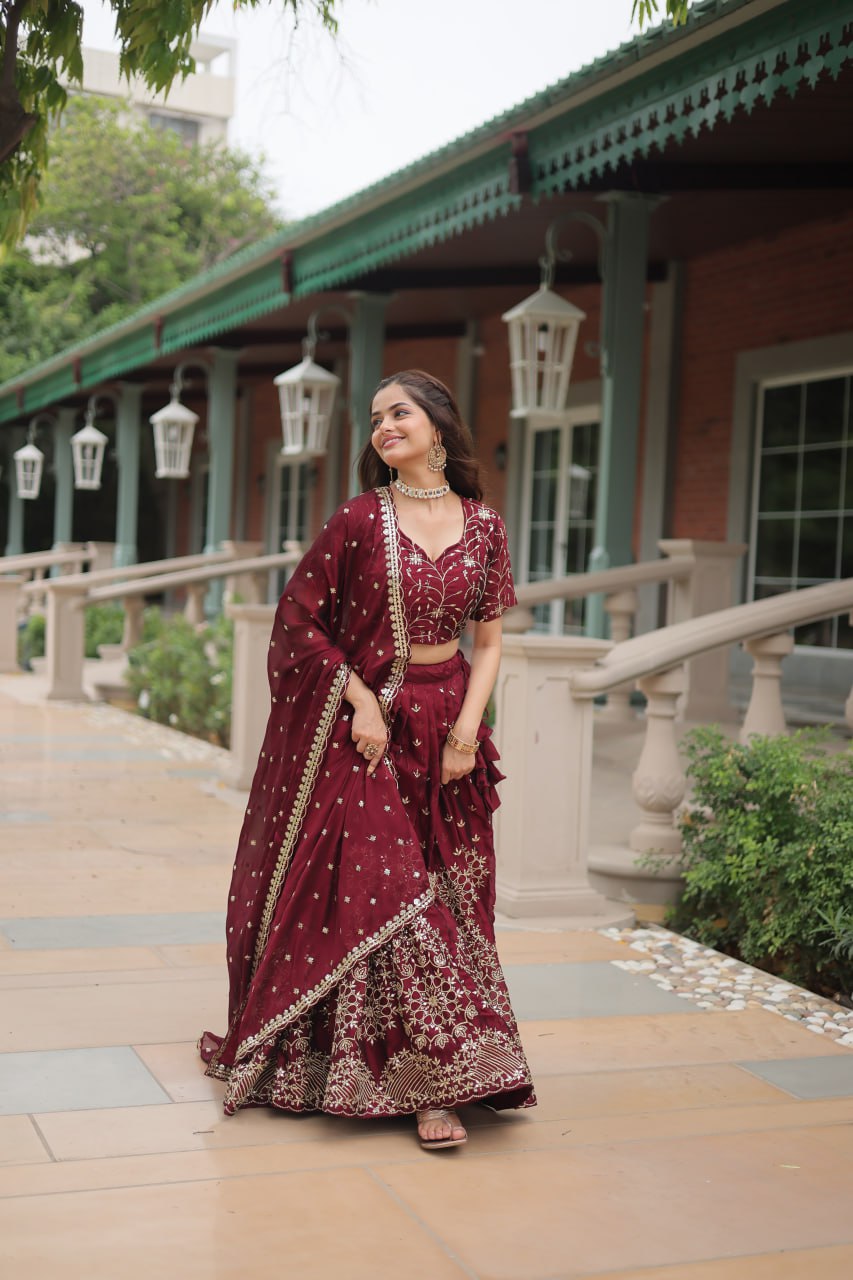 Maroon Designer Lehenga Choli with Dupatta – Rangoli Silk, Sequins, and Thread Embroidery