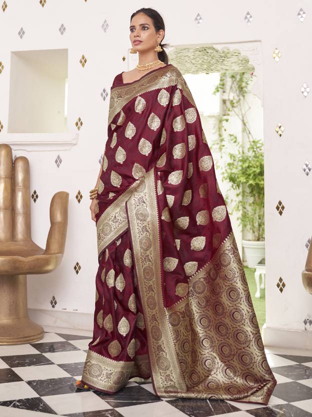 Maroon Elegant Banarasi Satin Saree with Unstitched Blouse Piece
