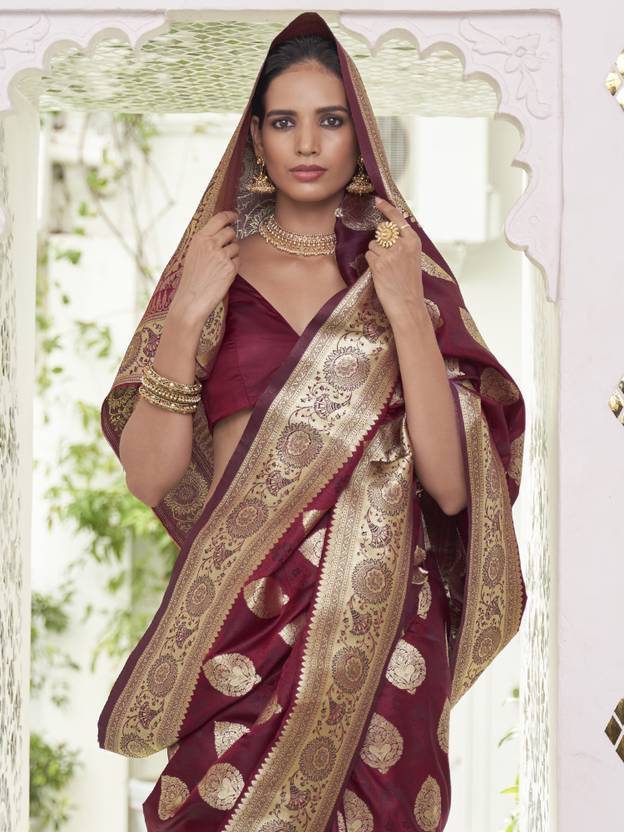 Maroon Elegant Banarasi Satin Saree with Unstitched Blouse Piece
